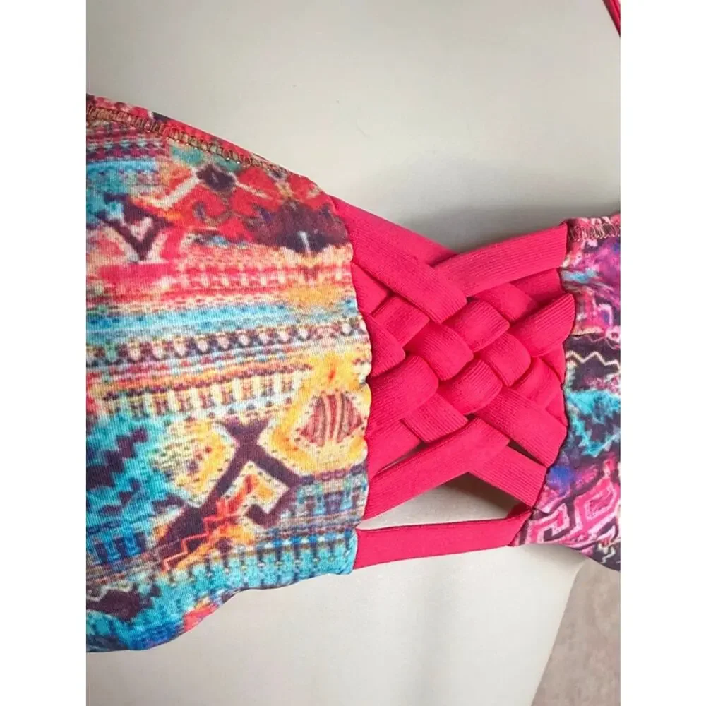 Milonga Pink Aztec Lattice Front Merida Bandeau Bikini Top S NWT